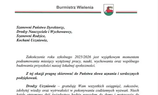 Burmistrz Wielenia składa życzenia na zakończenie roku szkolnego 2025/2026
