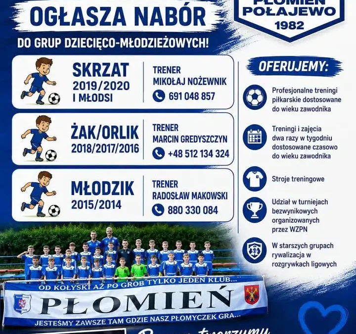 Nabór do grup dziecięco-młodzieżowych w Płomieniu Połajewo – zapisz swoje dziecko