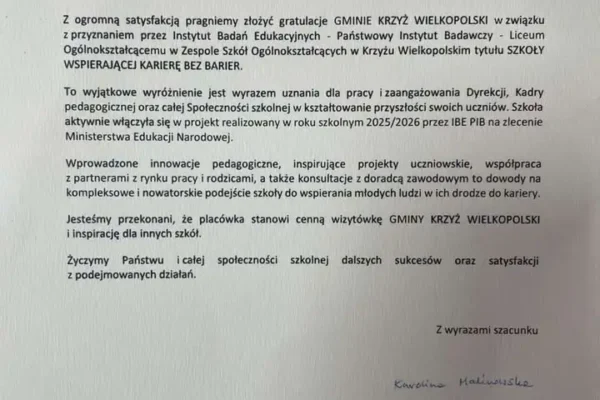 Liceum w Krzyżu Wielkopolskim z tytułem „Szkoły Wspierającej Karierę bez Barier”