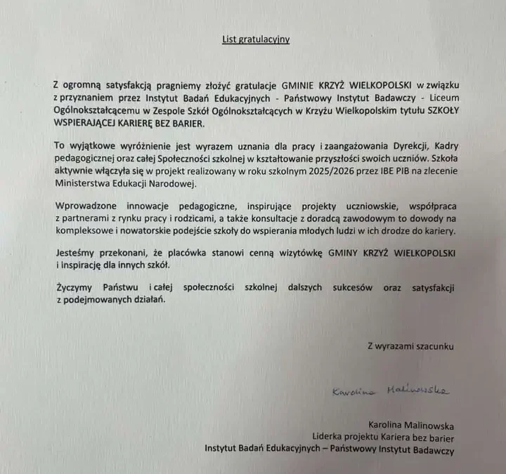 Liceum w Krzyżu Wielkopolskim z tytułem „Szkoły Wspierającej Karierę bez Barier”