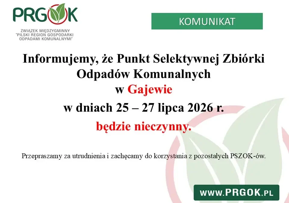 PSZOK w Gajewie nieczynny od 25 do 27 lipca