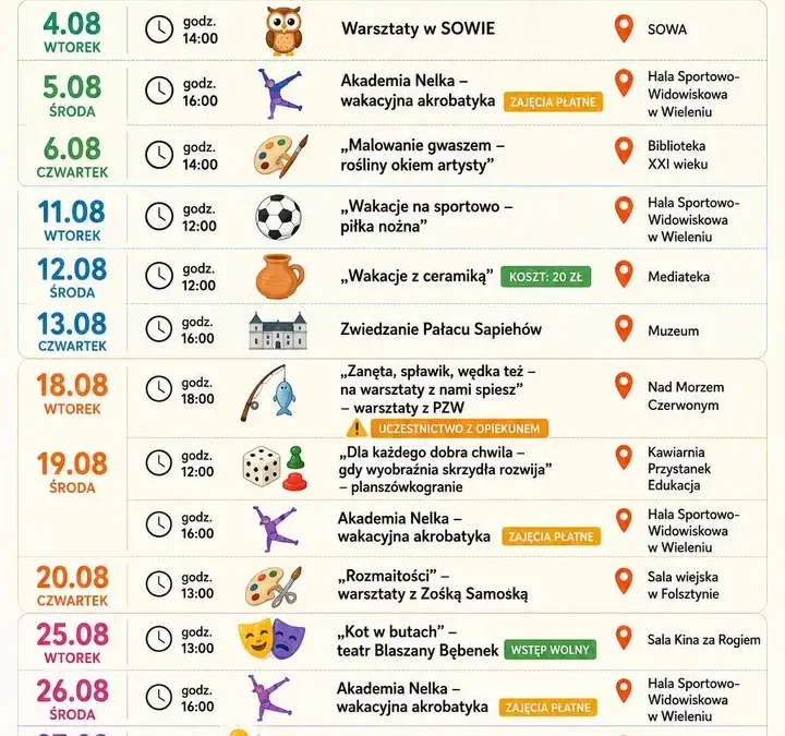Wakacyjny sierpień w NCK Wieleń – warsztaty, sport i kultura dla całych rodzin