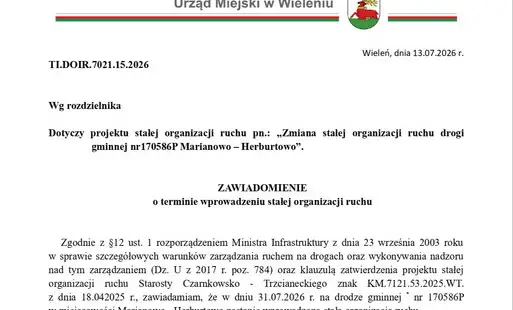 Stała organizacja ruchu na drodze Marianowo-Herburtowo od 31 lipca