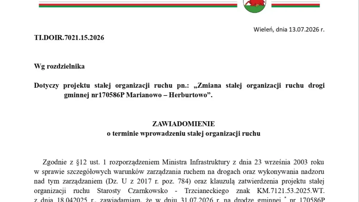 Stała organizacja ruchu na drodze Marianowo-Herburtowo od 31 lipca