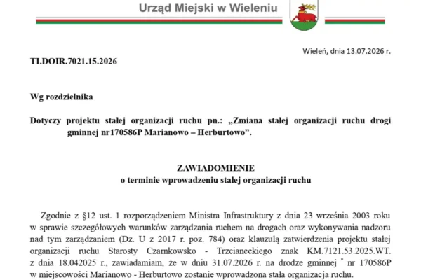 Stała organizacja ruchu na drodze Marianowo-Herburtowo od 31 lipca
