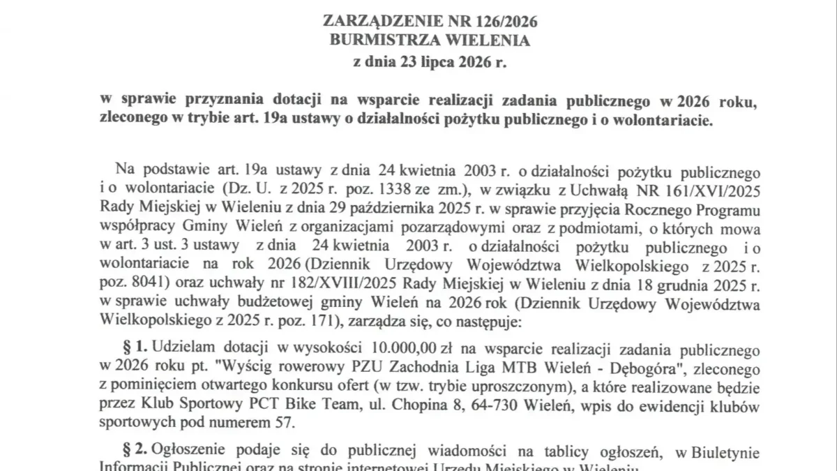 Dotacja na wyścig rowerowy PZU Zachodnia Liga MTB w Wieleniu przyznana