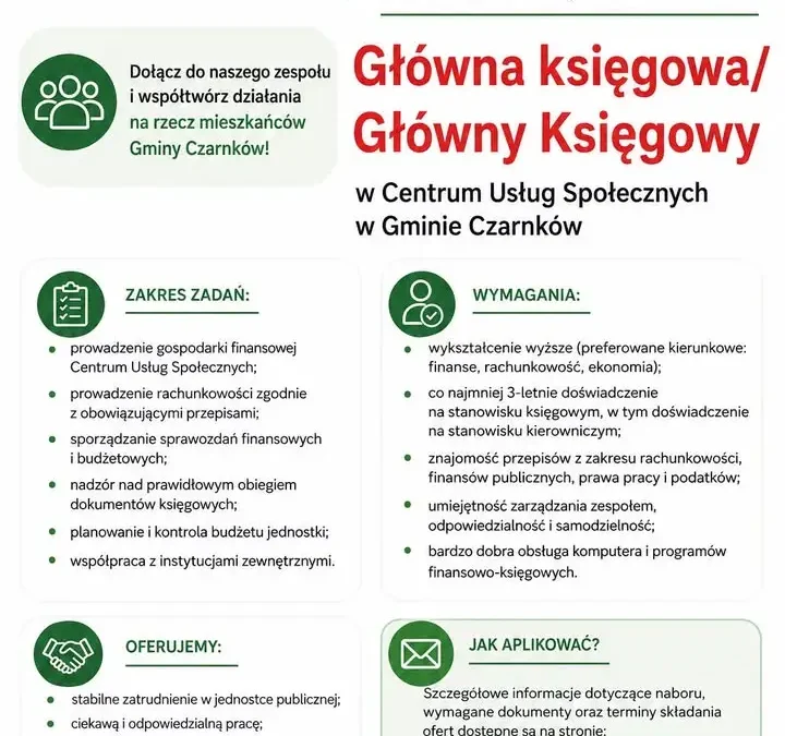 Gmina Czarnków szuka Głównego Księgowego do Centrum Usług Społecznych
