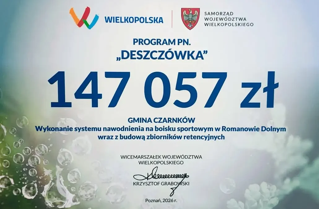 Gmina Czarnków z dofinansowaniem na system nawodnienia boiska w Romanowie Dolnym