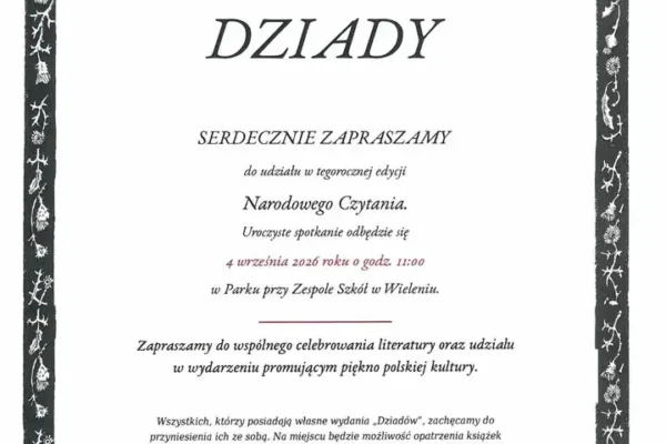 Narodowe Czytanie 2026 w Wieleniu: „Dziady” Mickiewicza w parku przy szkole