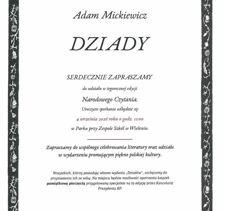 Narodowe Czytanie 2026 w Wieleniu: „Dziady” Mickiewicza w parku przy szkole