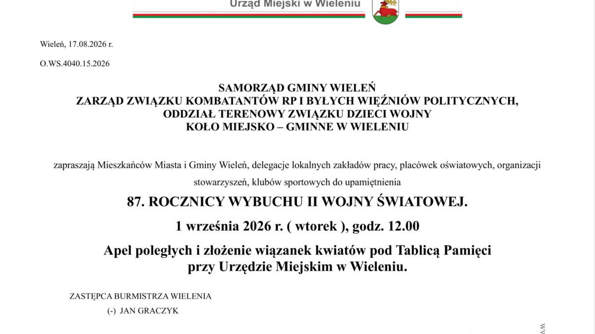 Wieleń: Uroczystości upamiętniające 87. rocznicę wybuchu II wojny światowej