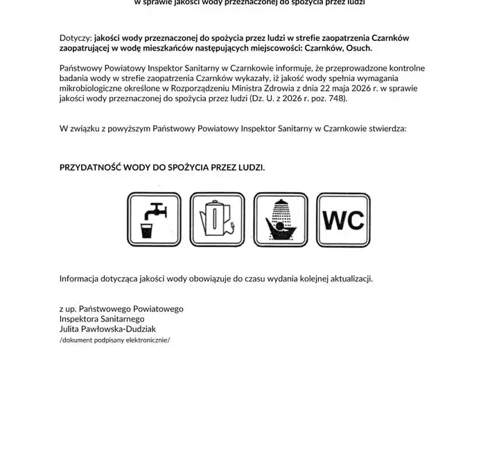 Woda w Czarnkowie i Osuchu bezpieczna – sanepid potwierdza przydatność do spożycia