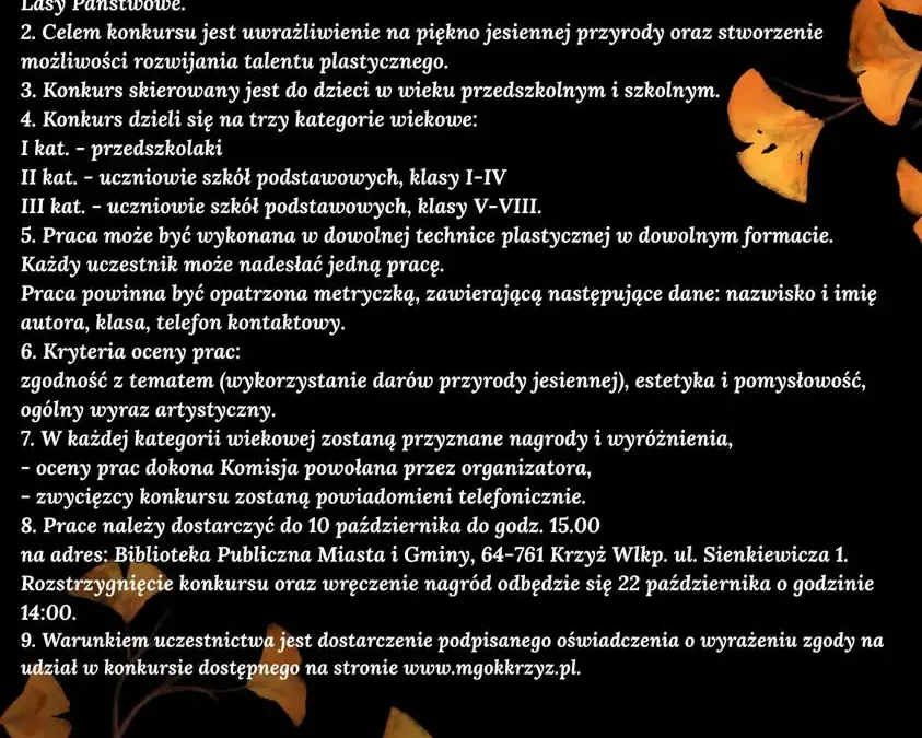 Gminny Konkurs Plastyczny „Jesień w lesie” w Krzyżu Wielkopolskim