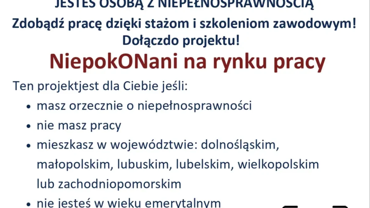 Rekrutacja do projektu „NiepokONani na rynku pracy” – wsparcie dla osób z niepełnosprawnościami