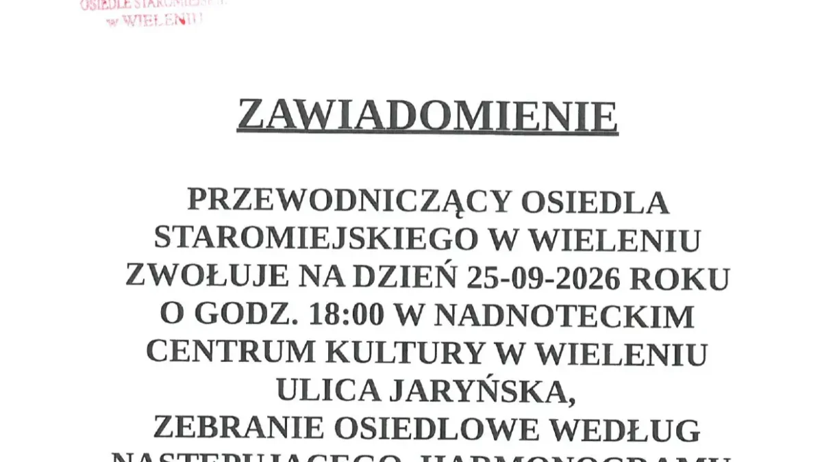 Zebranie mieszkańców Osiedla Staromiejskiego w Wieleniu zaplanowane na 25 września