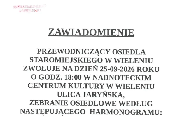 Zebranie mieszkańców Osiedla Staromiejskiego w Wieleniu zaplanowane na 25 września