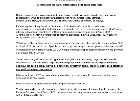 Woda w Pokrzywnie z przekroczonym parametrem mikrobiologicznym – sanepid zaleca przegotowanie