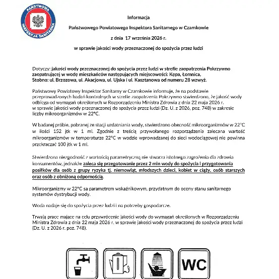 Woda w Pokrzywnie z przekroczonym parametrem mikrobiologicznym – sanepid zaleca przegotowanie