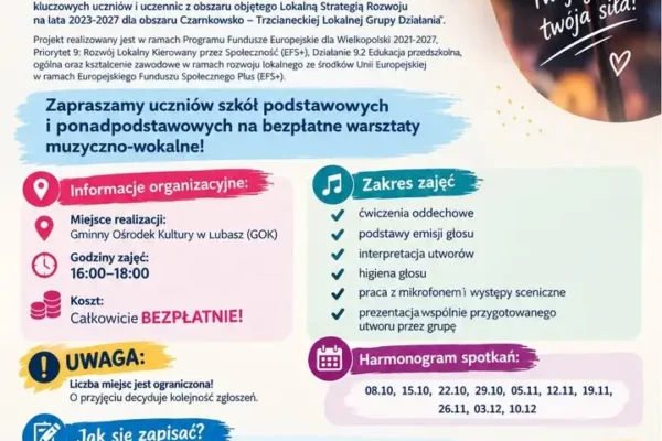 Bezpłatne warsztaty muzyczno-wokalne w GOK Lubasz – zapisy trwają