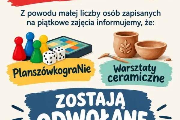 Odwołane zajęcia w Wieleniu: planszówkogranie i warsztaty ceramiczne nie odbędą się