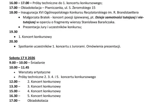 XVI Ogólnopolski Konkurs Recytatorski im. Romana Brandstaettera w Trzciance – program wydarzenia