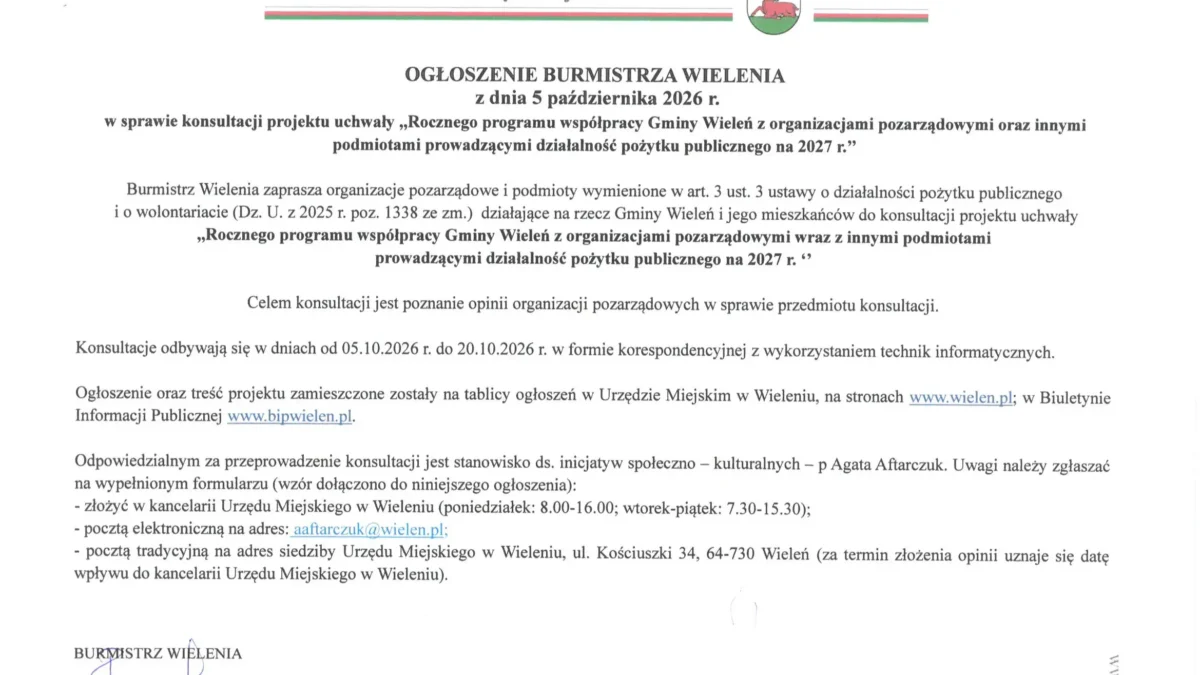 Konsultacje programu współpracy Gminy Wieleń z organizacjami pozarządowymi na 2027 rok