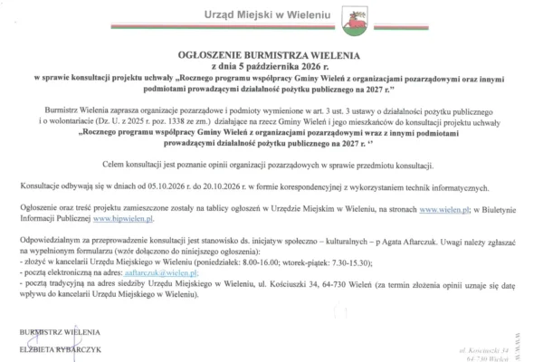 Konsultacje programu współpracy Gminy Wieleń z organizacjami pozarządowymi na 2027 rok