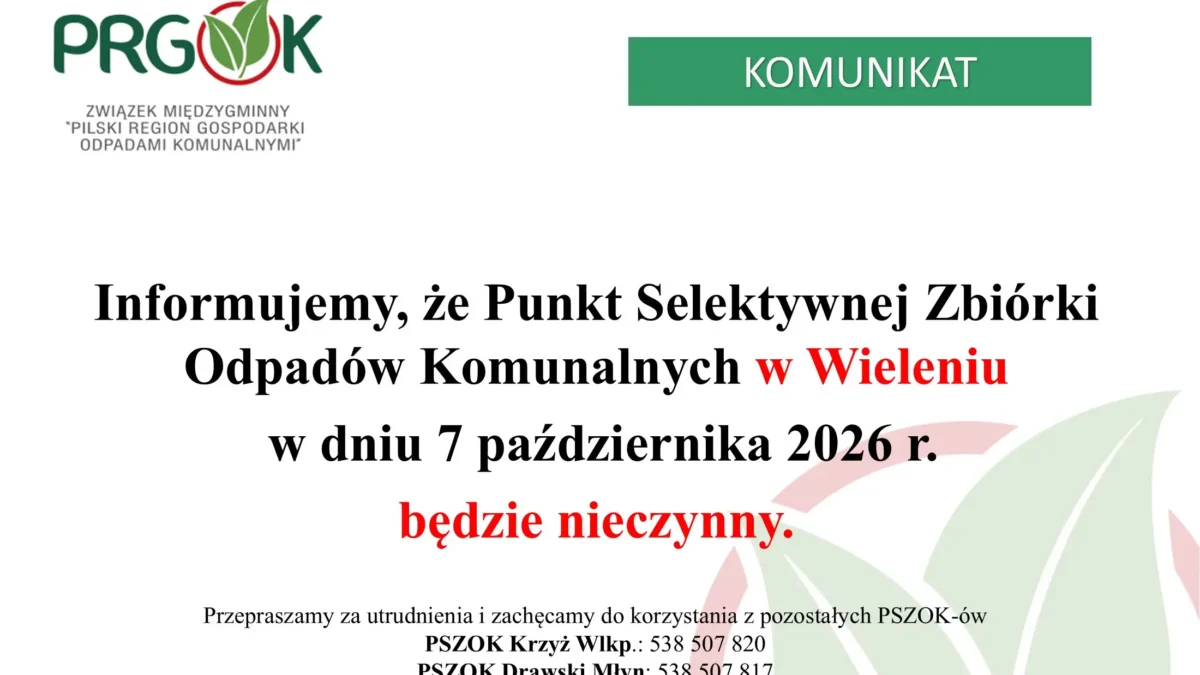 PSZOK w Wieleniu nieczynny 7 października 2026 – gdzie oddać odpady?