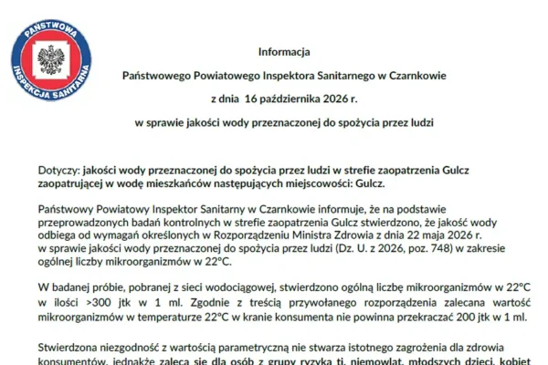 Woda w Gulczu z przekroczoną liczbą mikroorganizmów – sanepid wydał komunikat