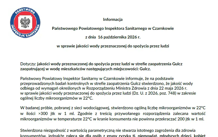 Woda w Gulczu z przekroczoną liczbą mikroorganizmów – sanepid wydał komunikat